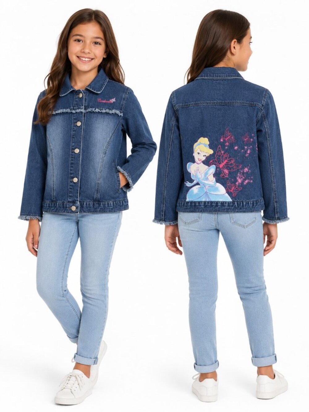 Disney Princess Stonewashed Denim Jacket Girls Size 10 Cinderella Frayed